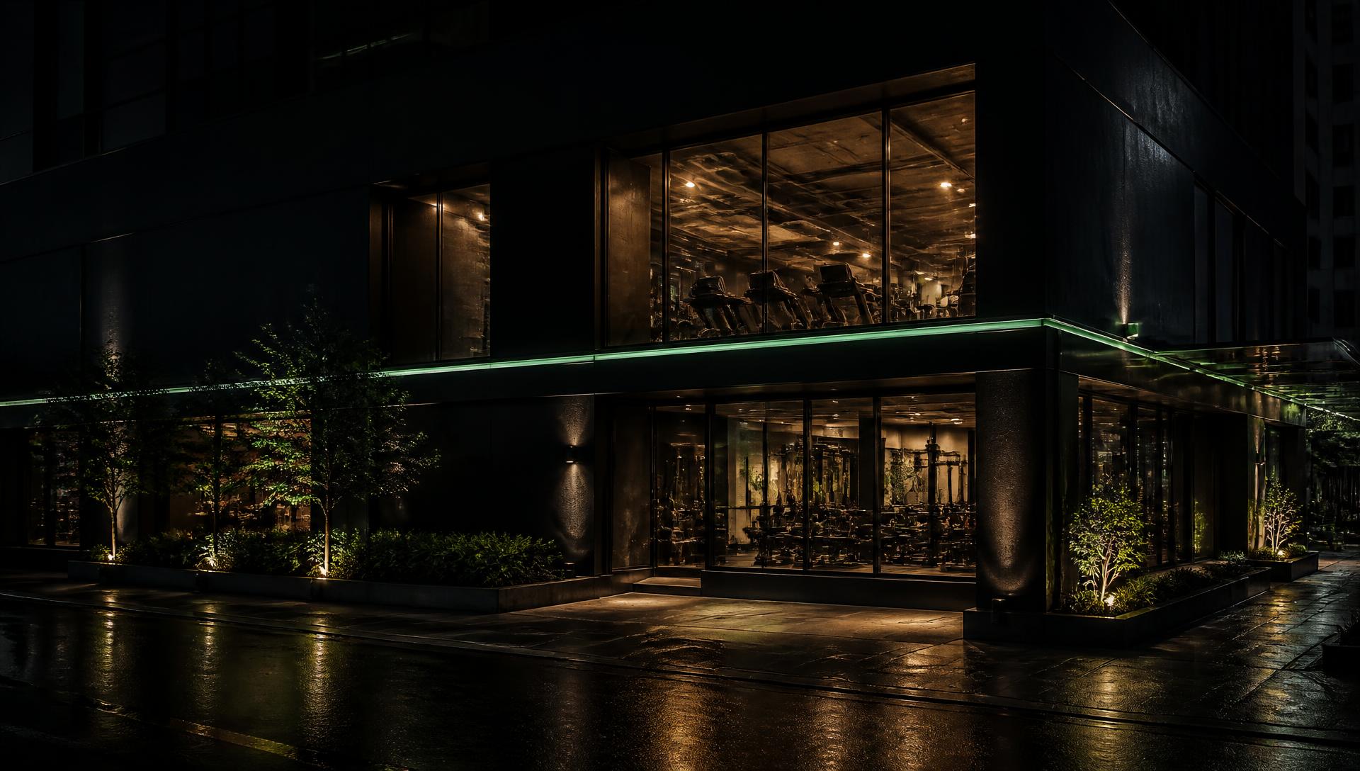 Exterior del gimnasio por la noche